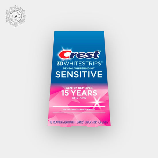 Crest 3D Whitestrips Sensitive Teeth Whitening Kit (18 Treatments,36 Strips). مجموعة شرائط التبييض للأسنان الحساسة 3D من كرست (18 معالجة، 36 شريطًا) - Princess Cosmetics Qatar