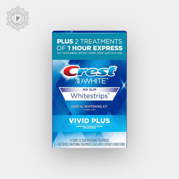 Crest Level 8 3D White Whitestrips Vivid Plus Teeth Whitening Kit (24pcs). مجموعة تبييض الأسنان كرست المستوى 8 ثلاثية الأبعاد من ويويد پلوس (24 قطعة) - Princess Cosmetics Qatar