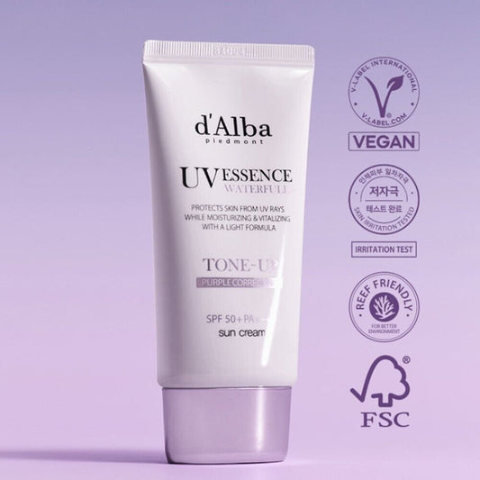 d’Alba UV Essence Waterfull Purple Correcting Tone Up Sun Cream 50ml كريم دي ألبا يو في إيسنس ووترفول البنفسجي لتصحيح لون البشرة - Princess Cosmetics Qatar