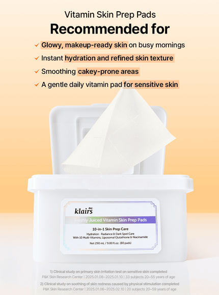 dear Klairs Freshly Juiced Vitamin Skin Prep Pads (80 Pads) مناديل كليرز الطازجة للعناية بالبشرة بالفيتامينات - Princess Cosmetics Qatar