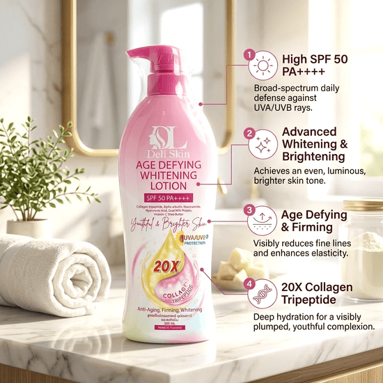 Deli Skin Age Defying Whitening Lotion SPF50 PA++++ 500ml لوشن ديلي سكين لتفتيح البشرة ومكافحة علامات التقدم في السن - Princess Cosmetics Qatar