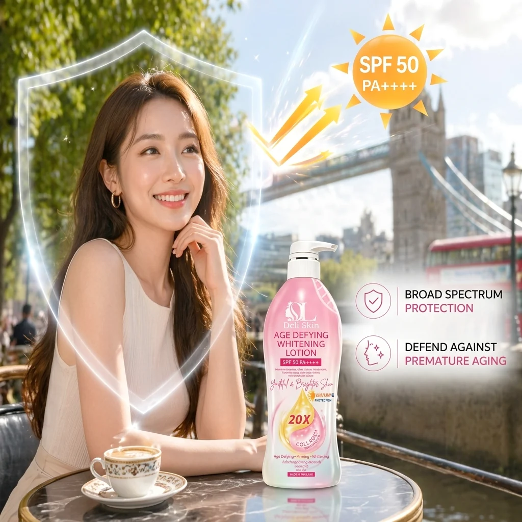 Deli Skin Age Defying Whitening Lotion SPF50 PA++++ 500ml لوشن ديلي سكين لتفتيح البشرة ومكافحة علامات التقدم في السن - Princess Cosmetics Qatar
