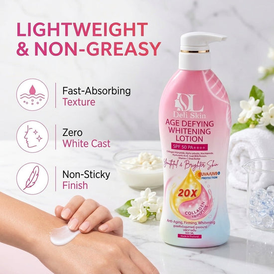 Deli Skin Age Defying Whitening Lotion SPF50 PA++++ 500ml لوشن ديلي سكين لتفتيح البشرة ومكافحة علامات التقدم في السن - Princess Cosmetics Qatar