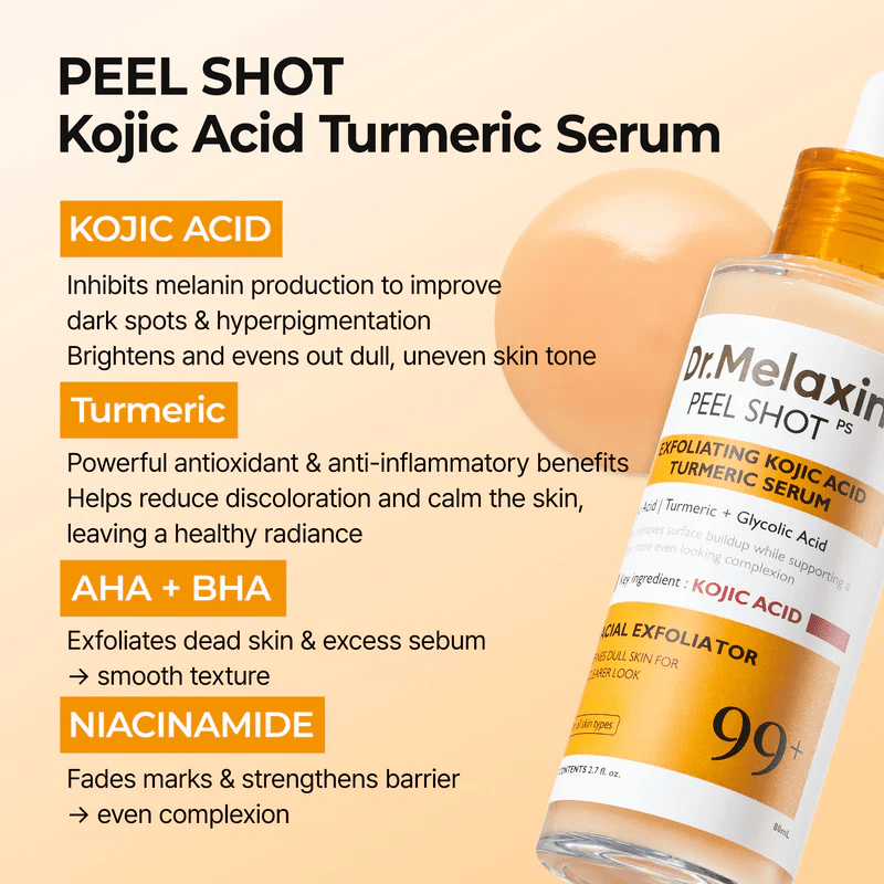 Dr. Melaxin Peel Shot Exfoliating Kojic Acid Turmeric Serum 80ml سيروم دكتور ميلاكسين بيل شوت المقشر بحمض الكوجيك والكركم - Princess Cosmetics Qatar