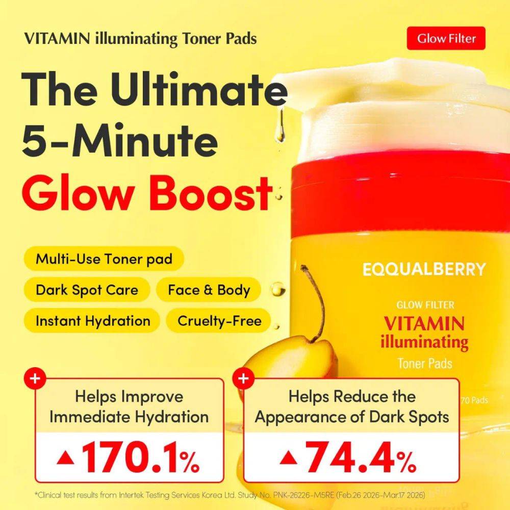 Eqqualberry Vitamin Illuminating Toner Pads (70 Pads) وسادات تونر إيكوالبيري المغذية والمُضيئة بالفيتامينات - Princess Cosmetics Qatar