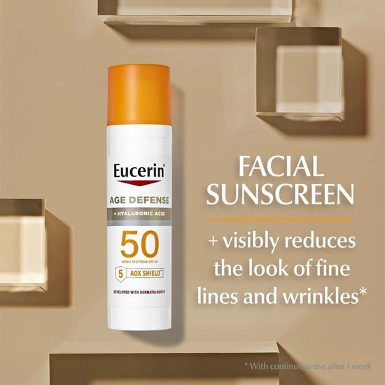 Eucerin Age Defense SPF50 Face Sunscreen Lotion with Hyaluronic Acid 75ml واقي الشمس للوجه من يوسيرين بعامل حماية SPF50 مع حمض الهيالورونيك - Princess Cosmetics Qatar