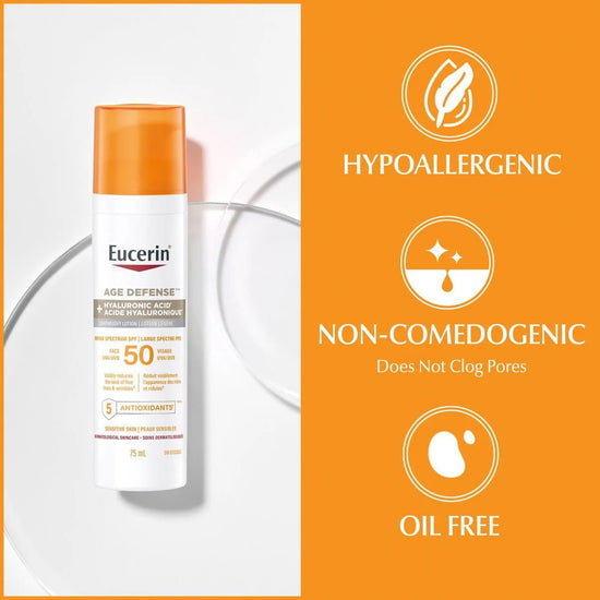 Eucerin Age Defense SPF50 Face Sunscreen Lotion with Hyaluronic Acid 75ml واقي الشمس للوجه من يوسيرين بعامل حماية SPF50 مع حمض الهيالورونيك - Princess Cosmetics Qatar