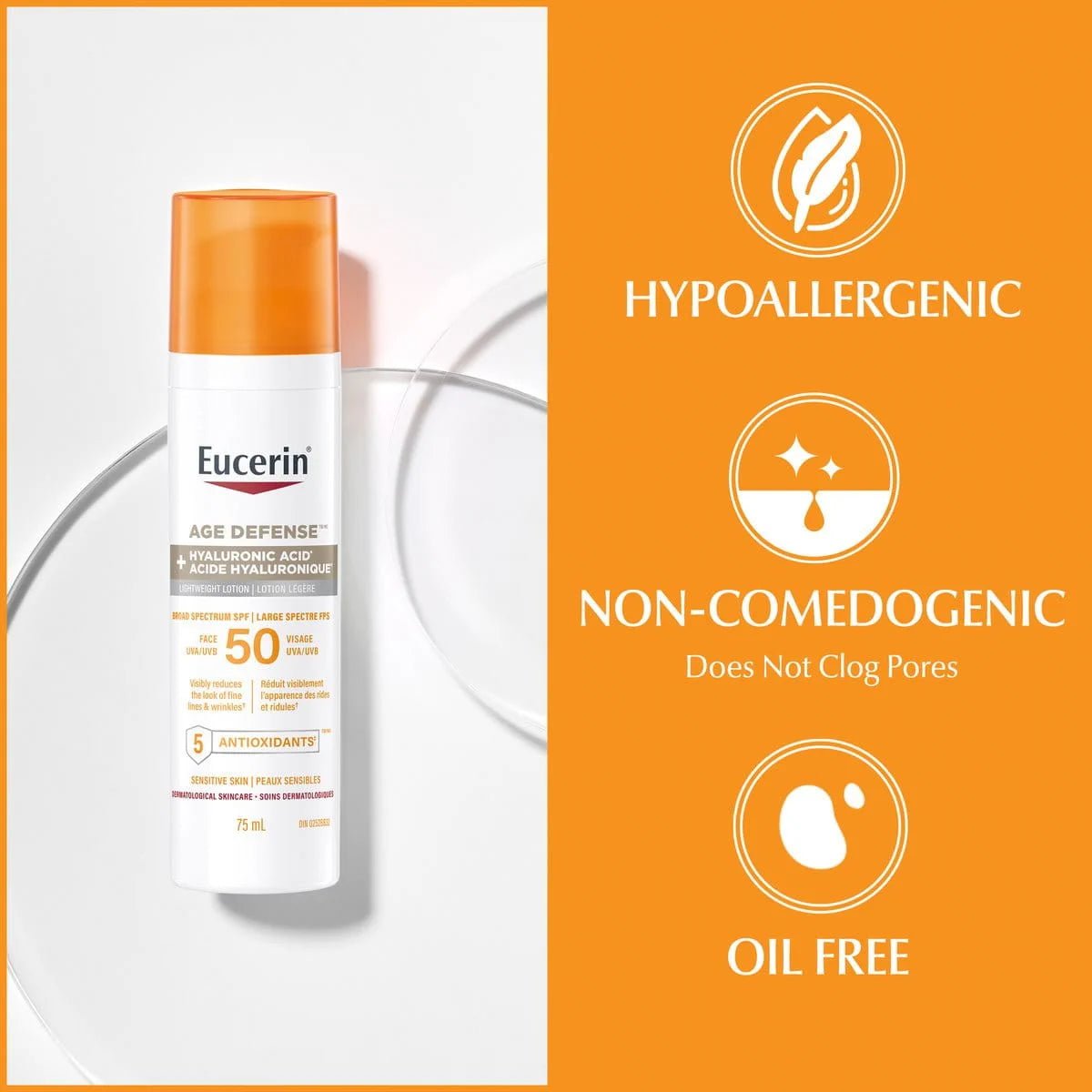 Eucerin Age Defense SPF50 Face Sunscreen Lotion with Hyaluronic Acid 75ml واقي الشمس للوجه من يوسيرين بعامل حماية SPF50 مع حمض الهيالورونيك - Princess Cosmetics Qatar