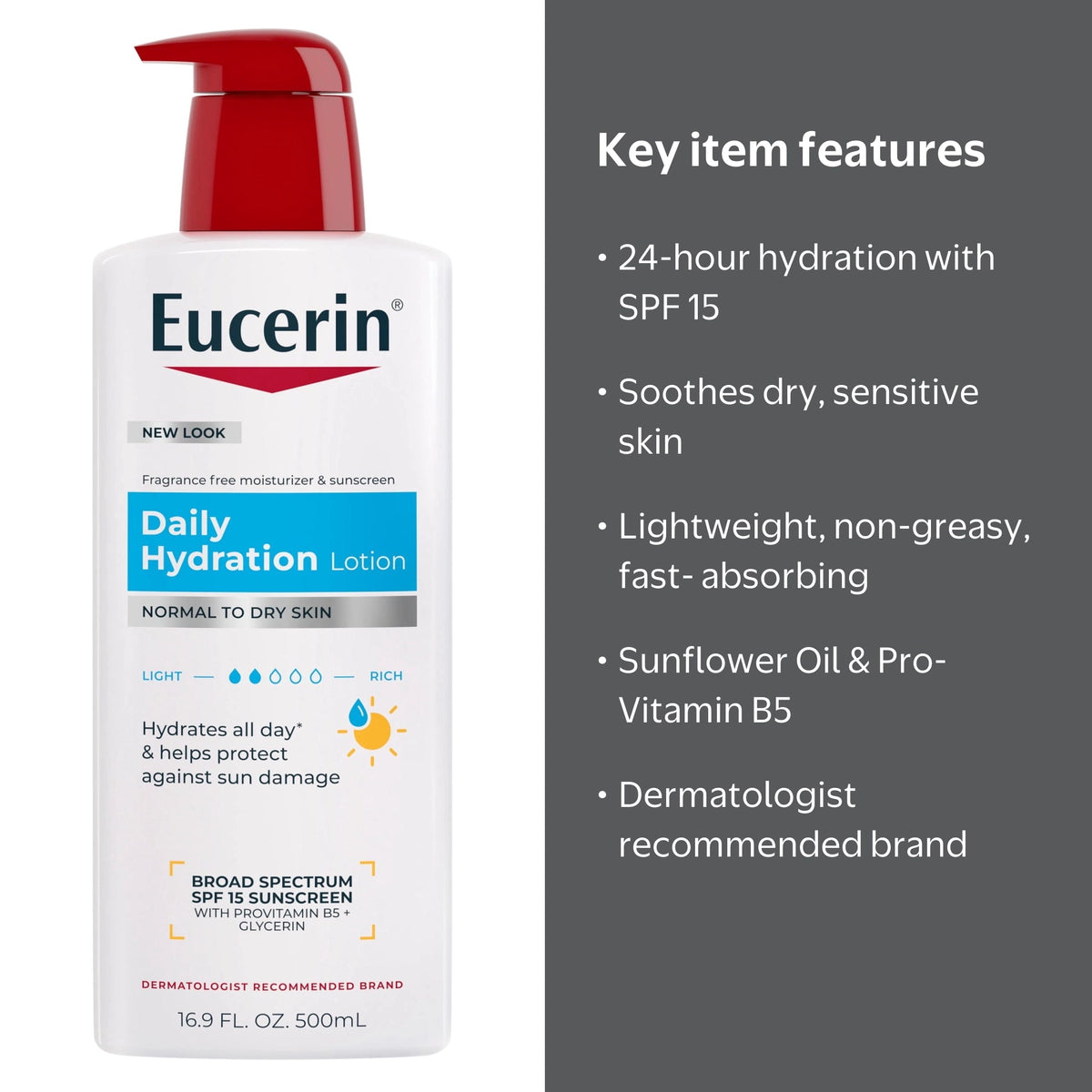Eucerin Daily Hydration Lotion SPF15 500ml لوشن يوسيرين للترطيب اليومي بعامل حماية من الشمس 15 - Princess Cosmetics Qatar