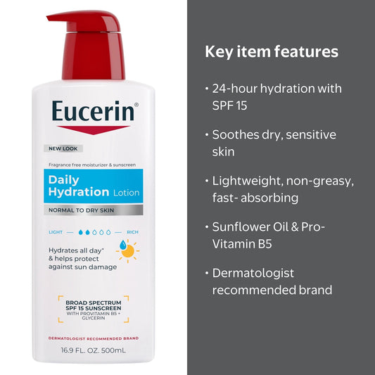 Eucerin Daily Hydration Lotion SPF15 500ml لوشن يوسيرين للترطيب اليومي بعامل حماية من الشمس 15 - Princess Cosmetics Qatar