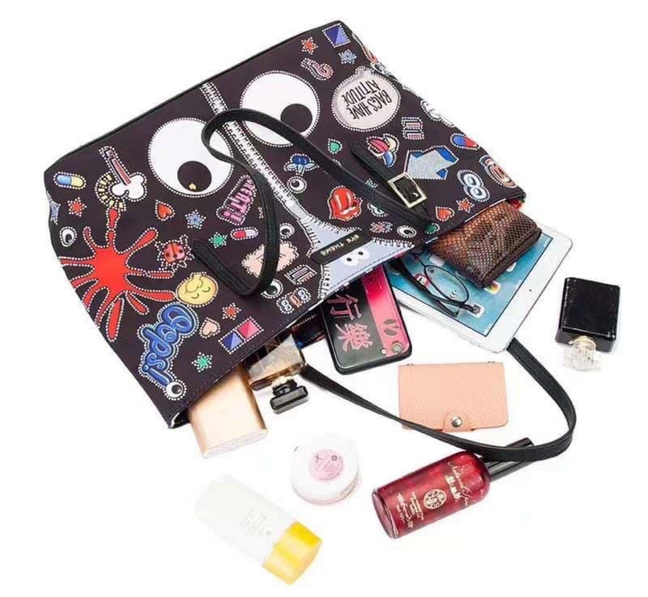 Eye - Themed 3n1 Bag - Black. حقيبة 3n1 بطابع العين - أسود - Princess Cosmetics Qatar