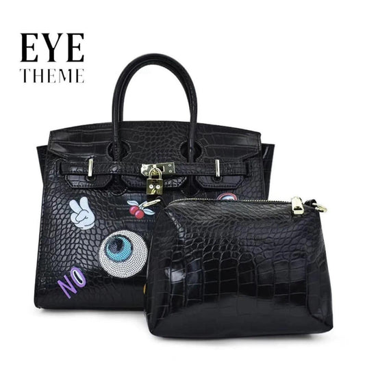 Eye - Themed Black 2 - in - 1 Handbag. حقيبة يد سوداء 2 في 1 بطابع العين - Princess Cosmetics Qatar