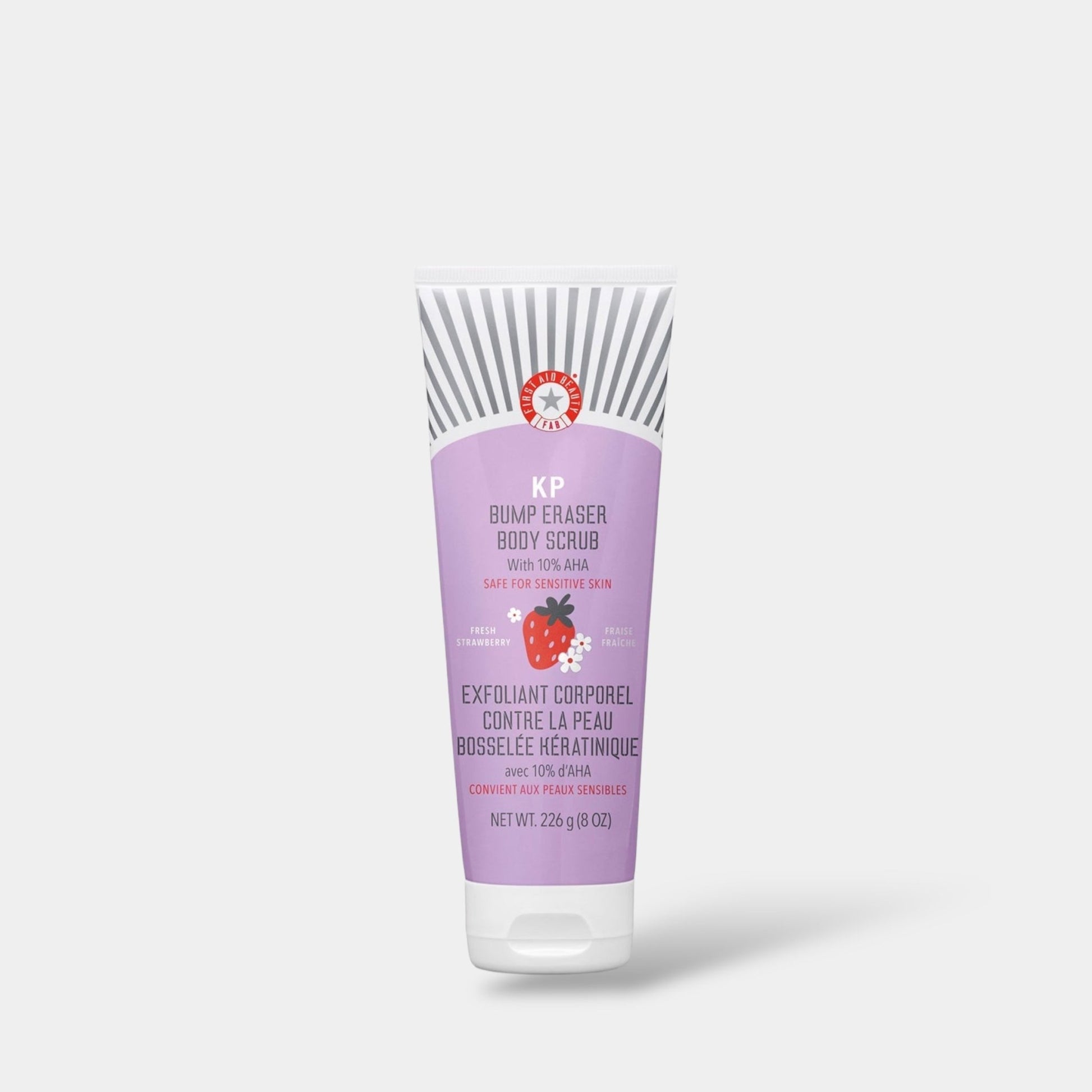 First Aid Beauty KP Bump Eraser Body Scrub 10% AHA Fresh Strawberry 226g مقشر الجسم لإزالة النتوءات من الإسعافات الأولية للتجميل KP بخلاصة الفراولة الطازجة وحمض ألفا هيدروكسي 10% - Princess Cosmetics Qatar