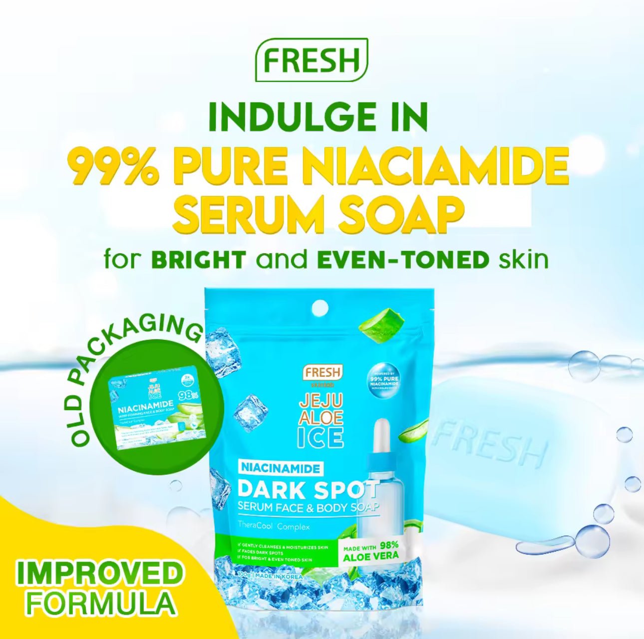 Fresh Skinlab Jeju Aloe Ice Niacinamide Dark Spot Serum Face & Body Soap 100g. فريش سكينلاب جيجو ألو آيس نياسيناميد مصل البقع الداكنة صابون الوجه والجسم - Princess Cosmetics Qatar