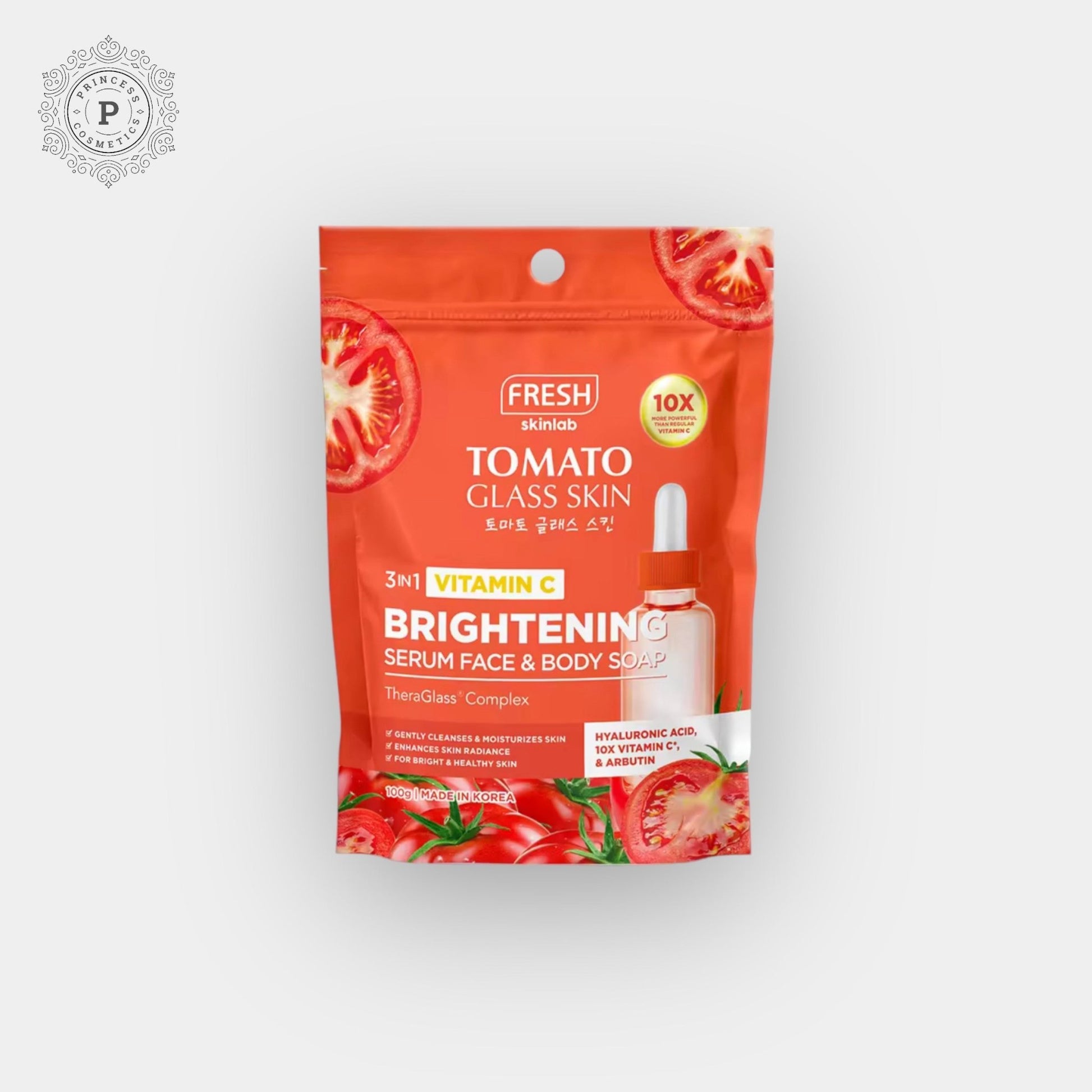 Fresh Skinlab Tomato Glass Skin 3 in 1 Vitamin C Brightening Serum Face & Body Soap 100g. فريش سكينلاب طماطم زجاجية سكين 3 في 1 فيتامين سي مصل تفتيح الوجه والجسم - Princess Cosmetics Qatar