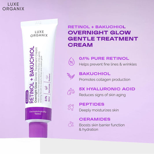 Luxe Organix Retinol+ Bakuchiol Overnight Glow Gentle Treatment Cream 30g لوكس أورجانيكس ريتينول+ باكوتشيول كريم علاجي لطيف ليلي جلو 30 جم