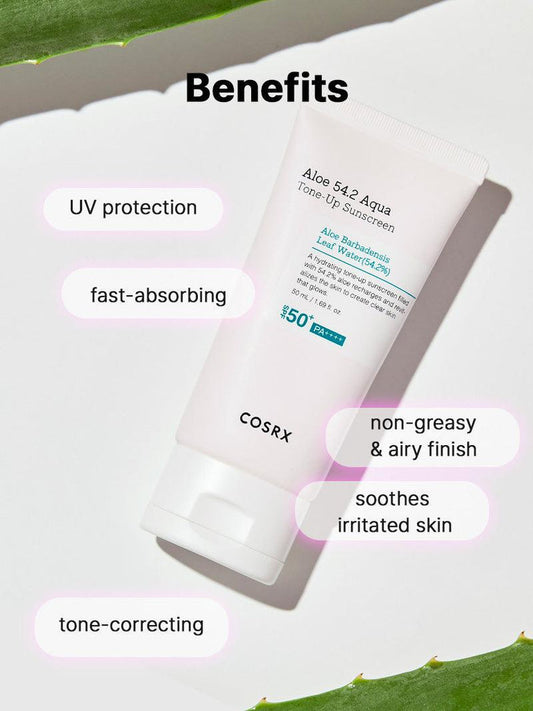 Cosrx Aloe 54.2 Aqua Tone-up Sunscreen SPF 50+ PA++++ 50ml. كريم الوقاية من الشمس كوسركس ألو 54.2 أكوا تون أب بعامل حماية من الشمس 50+ PA++++ 50 مل