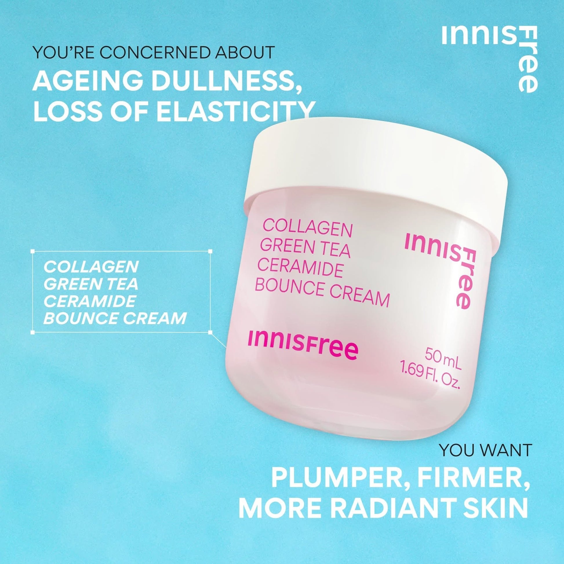 Innisfree Collagen Green Tea Ceramide Bounce Cream 50ml كريم إنيسفري بالكولاجين والشاي الأخضر والسيراميد بتركيبة مرطبة ومنعشة - Princess Cosmetics Qatar
