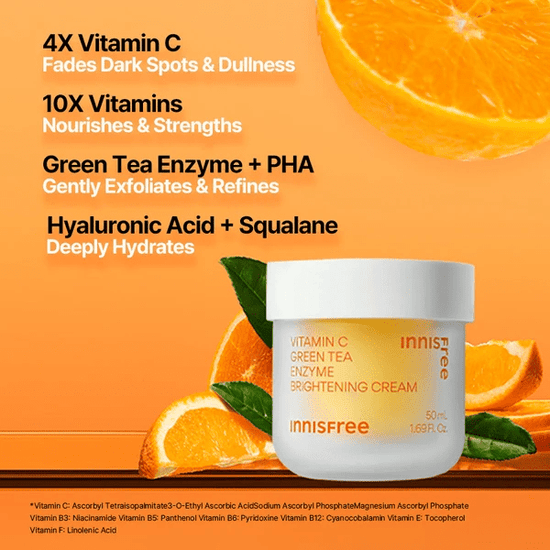 Innisfree Vitamin C Green Tea Enzyme Brightening Cream 50ml كريم تفتيح البشرة بفيتامين سي وإنزيم الشاي الأخضر من إينيسفري - Princess Cosmetics Qatar