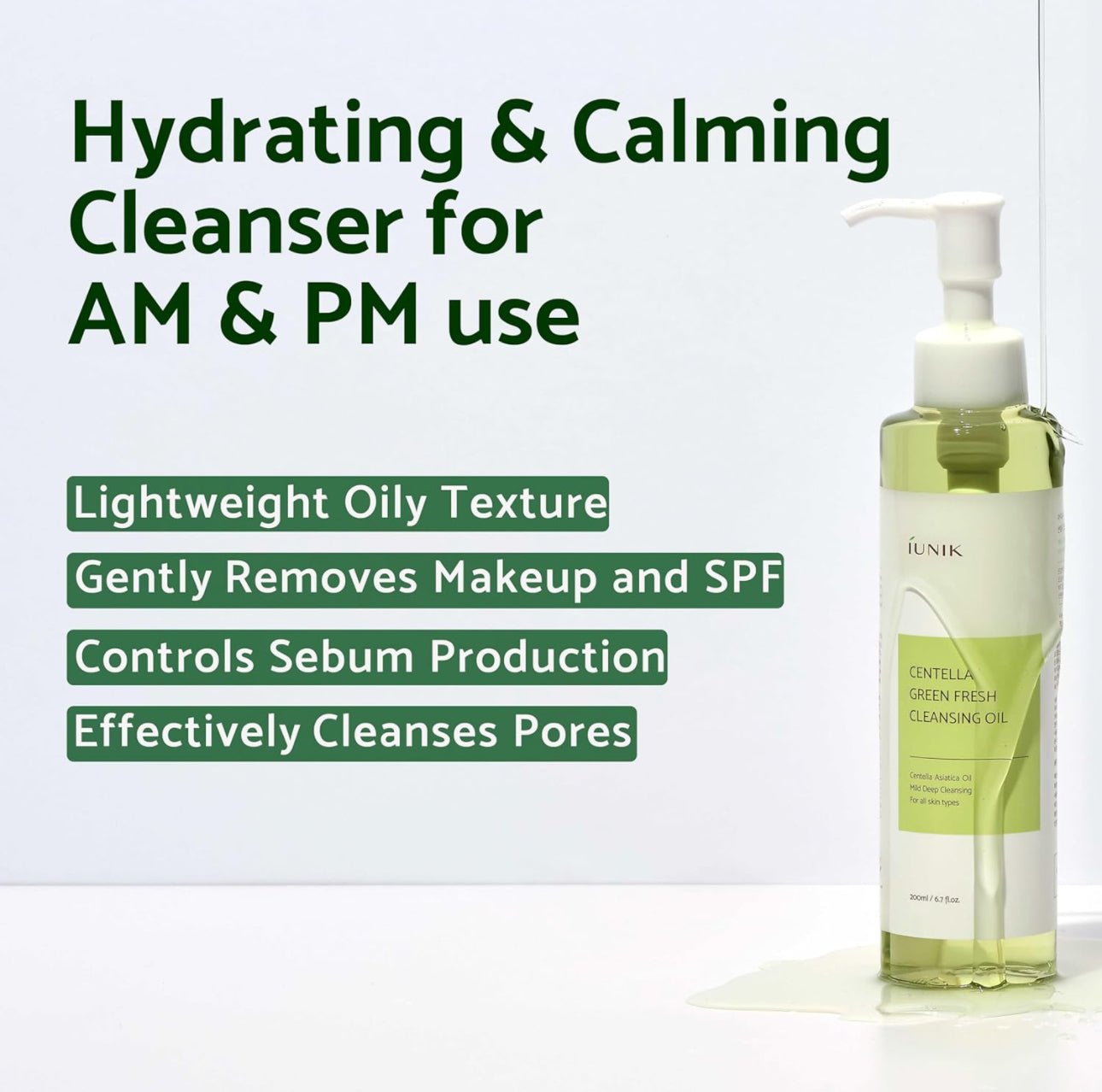 Iunik Centella Green Fresh Cleansing Oil 200ml. زيت التنظيف المنعش الأخضر من إيونيك سينتيلا 200 مل - Princess Cosmetics Qatar