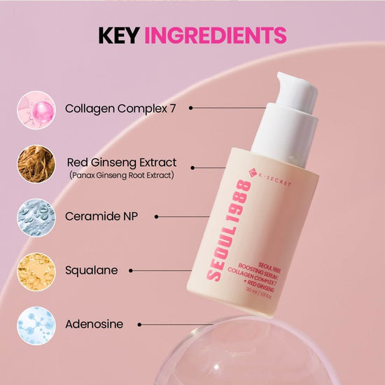 K - Secret Seoul 1988 Boosting Serum: Collagen Complex 7 + Red Ginseng 30ml سيروم كي سيكريت سيول ١٩٨٨ المعزز: مركب الكولاجين ٧ + الجينسنغ الأحمر - Princess Cosmetics Qatar