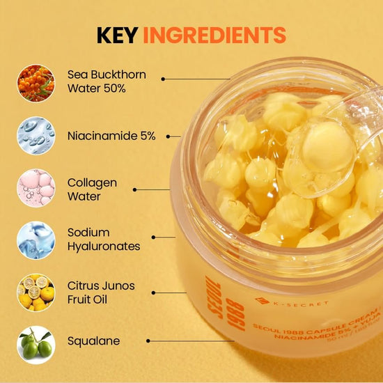 K - Secret SEOUL 1988 Capsule Cream : Niacinamide 5% + Yuja 50ml كريم كبسولة كي سيكريت سيول 1988: نياسيناميد 5% + يوجا - Princess Cosmetics Qatar
