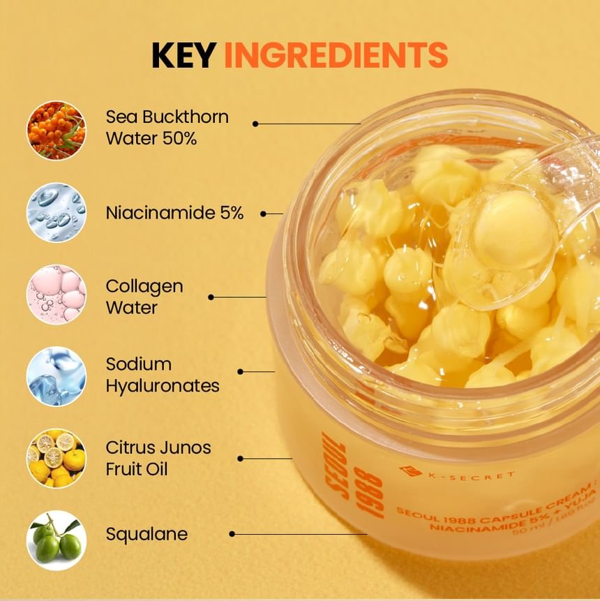 K - Secret SEOUL 1988 Capsule Cream : Niacinamide 5% + Yuja 50ml كريم كبسولة كي سيكريت سيول 1988: نياسيناميد 5% + يوجا - Princess Cosmetics Qatar