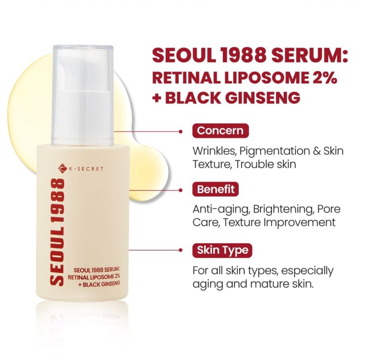 K - Secret SEOUL 1988 Serum : Retinal Liposome 2% + Black Ginseng 30ml. كي - سيكرت سيول 1988 سيروم: ريتينال ليبوسوم 2% + الجينسنغ الأسود 30 مل - Princess Cosmetics Qatar