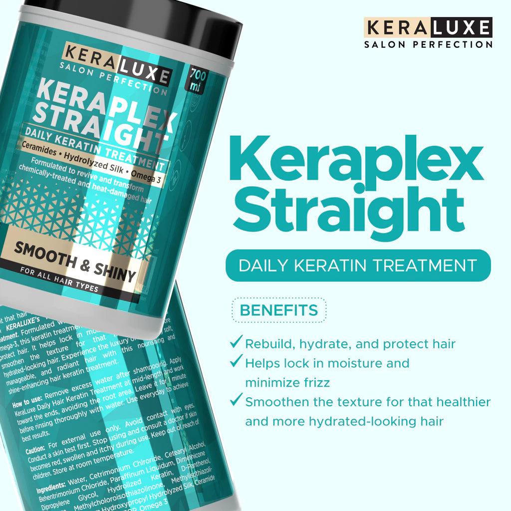 KERA LUXE Salon Perfection Keraplex Straight Daily Keratin Treatment Shiny & Frizz 700ml كيرا لوكس صالون بيرفيكشن كيرا بليكس ستريت علاج يومي بالكيراتين للشعر اللامع والمجعد - Princess Cosmetics Qatar