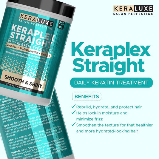 KERA LUXE Salon Perfection Keraplex Straight Daily Keratin Treatment Shiny & Frizz 700ml كيرا لوكس صالون بيرفيكشن كيرا بليكس ستريت علاج يومي بالكيراتين للشعر اللامع والمجعد - Princess Cosmetics Qatar
