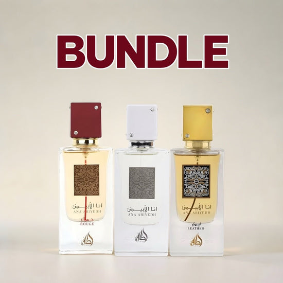 Lattafa Ana Abiyedh Bundle (Rouge, Leather, White) مجموعة لطافة أنا أبييد (أحمر، جلد، أبيض) - Princess Cosmetics Qatar