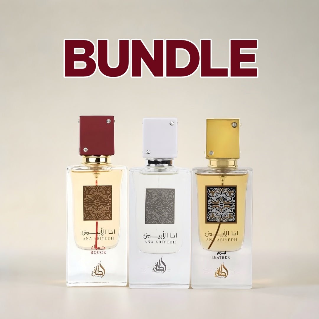 Lattafa Ana Abiyedh Bundle (Rouge, Leather, White) مجموعة لطافة أنا أبييد (أحمر، جلد، أبيض) - Princess Cosmetics Qatar