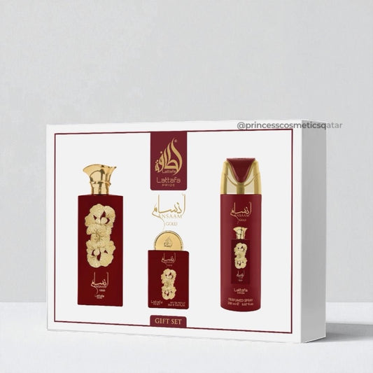 Lattafa Ansaam Gold Gift Set (3pcs) مجموعة هدايا لطافة أنسام الذهبية - Princess Cosmetics Qatar