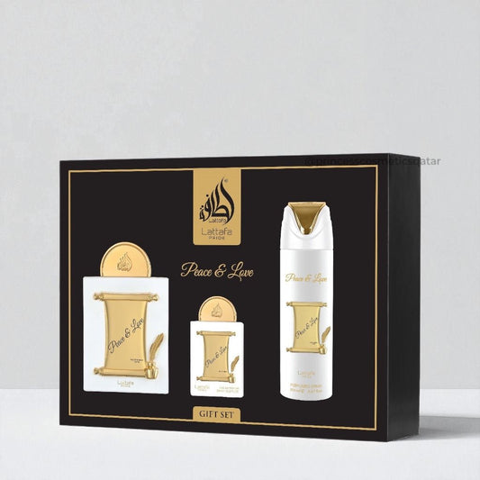 Lattafa Peace & Love Gift Set (3pcs) مجموعة هدايا لطافة للسلام والحب - Princess Cosmetics Qatar