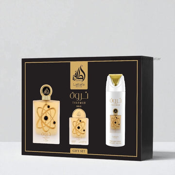 Lattafa Tharwah Gold Gift Set (3pcs) مجموعة هدايا لطافة ثروة الذهبية - Princess Cosmetics Qatar