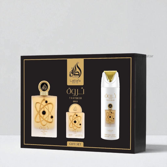 Lattafa Tharwah Gold Gift Set (3pcs) مجموعة هدايا لطافة ثروة الذهبية - Princess Cosmetics Qatar
