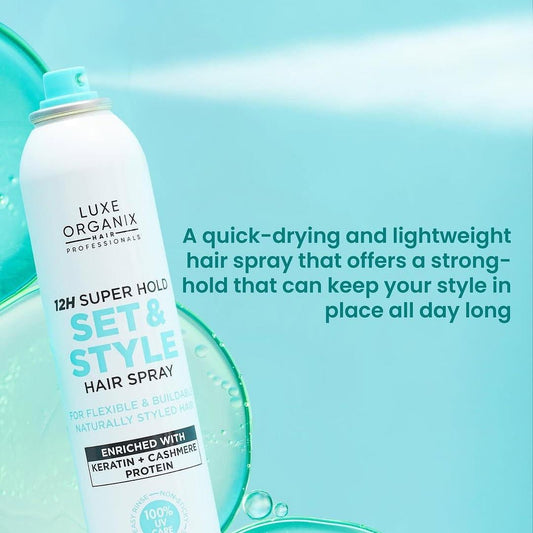 Luxe Organix 12H Super Hold Set & Style Hair Spray 250ml بخاخ تثبيت الشعر لوكس أورجانيكس سوبر هولد لمدة 12 ساعة وتصفيفه - Princess Cosmetics Qatar