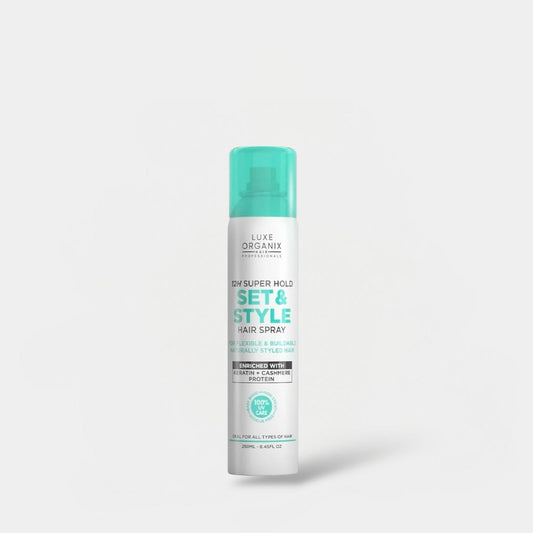 Luxe Organix 12H Super Hold Set & Style Hair Spray 250ml بخاخ تثبيت الشعر لوكس أورجانيكس سوبر هولد لمدة 12 ساعة وتصفيفه - Princess Cosmetics Qatar