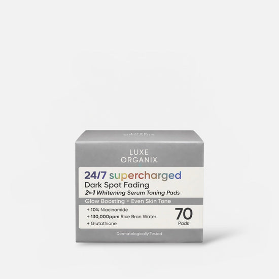 Luxe Organix 24/7 Supercharged Dark Spot Fading Whitening 2in1 Serum Concentrated Pads (70 Pads) فوط مركزة من سيروم لوكس أورجانيكس 24/7 لتفتيح وتخفيف البقع الداكنة، 2 في 1 - Princess Cosmetics Qatar