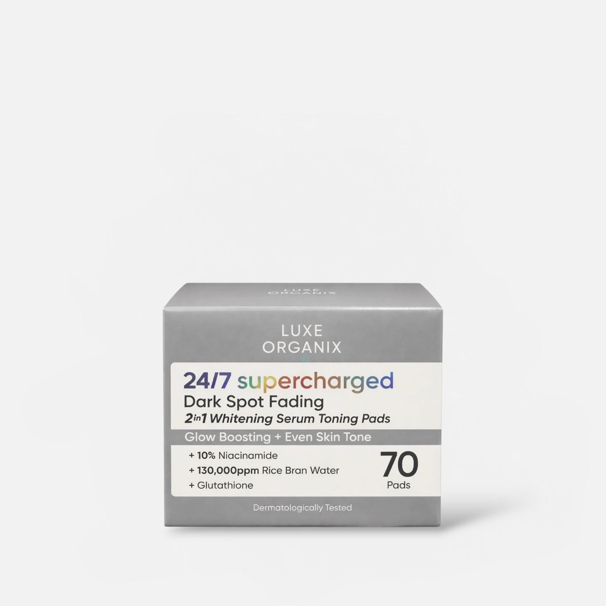 Luxe Organix 24/7 Supercharged Dark Spot Fading Whitening 2in1 Serum Concentrated Pads (70 Pads) فوط مركزة من سيروم لوكس أورجانيكس 24/7 لتفتيح وتخفيف البقع الداكنة، 2 في 1 - Princess Cosmetics Qatar