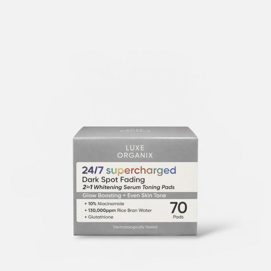 Luxe Organix 24/7 Supercharged Dark Spot Fading Whitening 2in1 Serum Concentrated Pads (70 Pads) فوط مركزة من سيروم لوكس أورجانيكس 24/7 لتفتيح وتخفيف البقع الداكنة، 2 في 1 - Princess Cosmetics Qatar