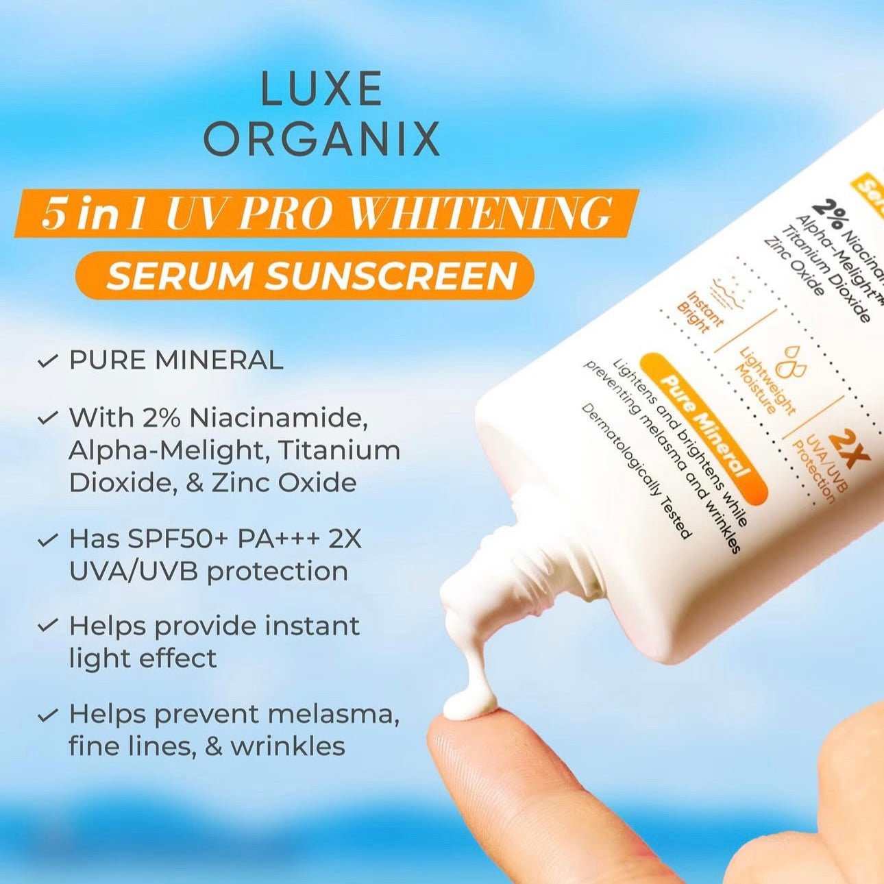 Luxe Organix 5in1 UV Pro Whitening Serum Sunscreen SPF 47 PA+++ 40ml سيروم لوكس أورجانيكس 5 في 1 للتبييض والحماية من الشمس - Princess Cosmetics Qatar