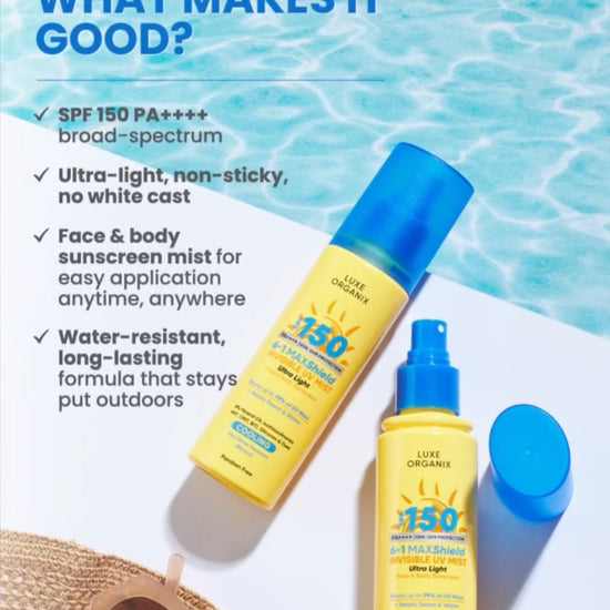 Luxe Organix 6 - in - 1 Mashield Active Ultra Sheer Face & Body Invisible UV Mist 90ml لوكس أورجانيكس 6 في 1 ماشيلد أكتيف ألترا شير للوجه والجسم، رذاذ غير مرئي للأشعة فوق البنفسجية - Princess Cosmetics Qatar