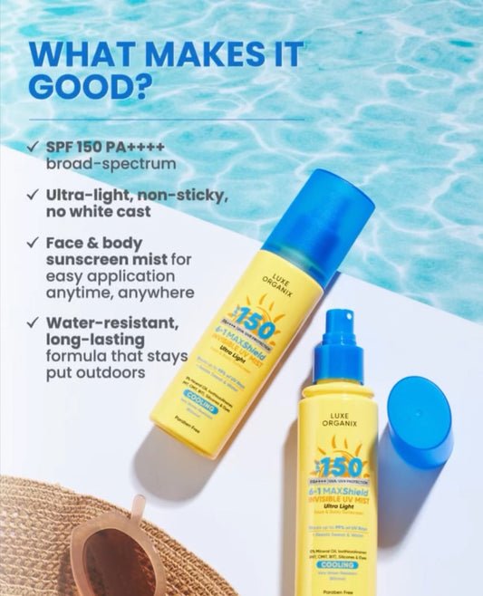 Luxe Organix 6 - in - 1 Mashield Active Ultra Sheer Face & Body Invisible UV Mist 90ml لوكس أورجانيكس 6 في 1 ماشيلد أكتيف ألترا شير للوجه والجسم، رذاذ غير مرئي للأشعة فوق البنفسجية - Princess Cosmetics Qatar