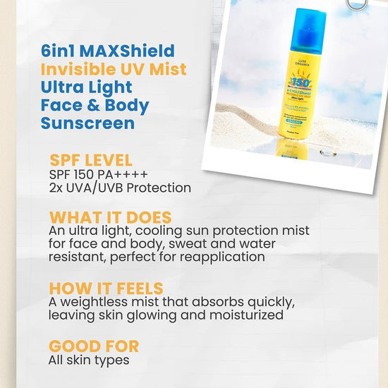 Luxe Organix 6 - in - 1 Mashield Active Ultra Sheer Face & Body Invisible UV Mist 90ml لوكس أورجانيكس 6 في 1 ماشيلد أكتيف ألترا شير للوجه والجسم، رذاذ غير مرئي للأشعة فوق البنفسجية - Princess Cosmetics Qatar