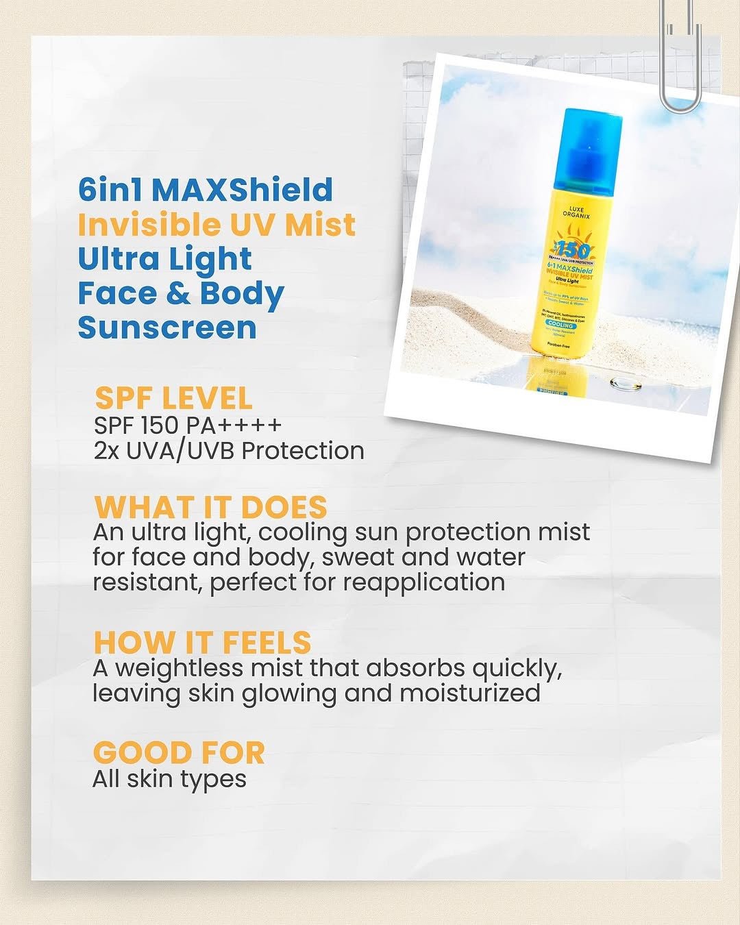 Luxe Organix 6 - in - 1 Mashield Active Ultra Sheer Face & Body Invisible UV Mist 90ml لوكس أورجانيكس 6 في 1 ماشيلد أكتيف ألترا شير للوجه والجسم، رذاذ غير مرئي للأشعة فوق البنفسجية - Princess Cosmetics Qatar