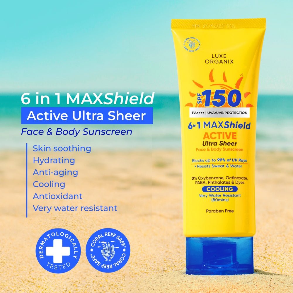Luxe Organix 6 in 1 Maxshield Active Ultra Sheer Face and Body Sunscreen 100ml واقي الشمس لوكس أورجانيكس 6 في 1 ماكس شيلد أكتيف ألترا شير للوجه والجسم - Princess Cosmetics Qatar