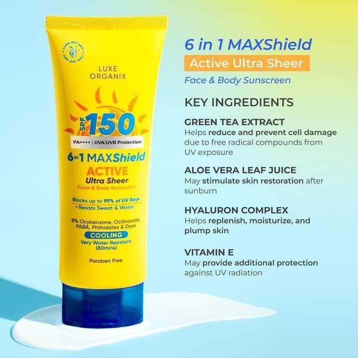 Luxe Organix 6 in 1 Maxshield Active Ultra Sheer Face and Body Sunscreen 100ml واقي الشمس لوكس أورجانيكس 6 في 1 ماكس شيلد أكتيف ألترا شير للوجه والجسم - Princess Cosmetics Qatar