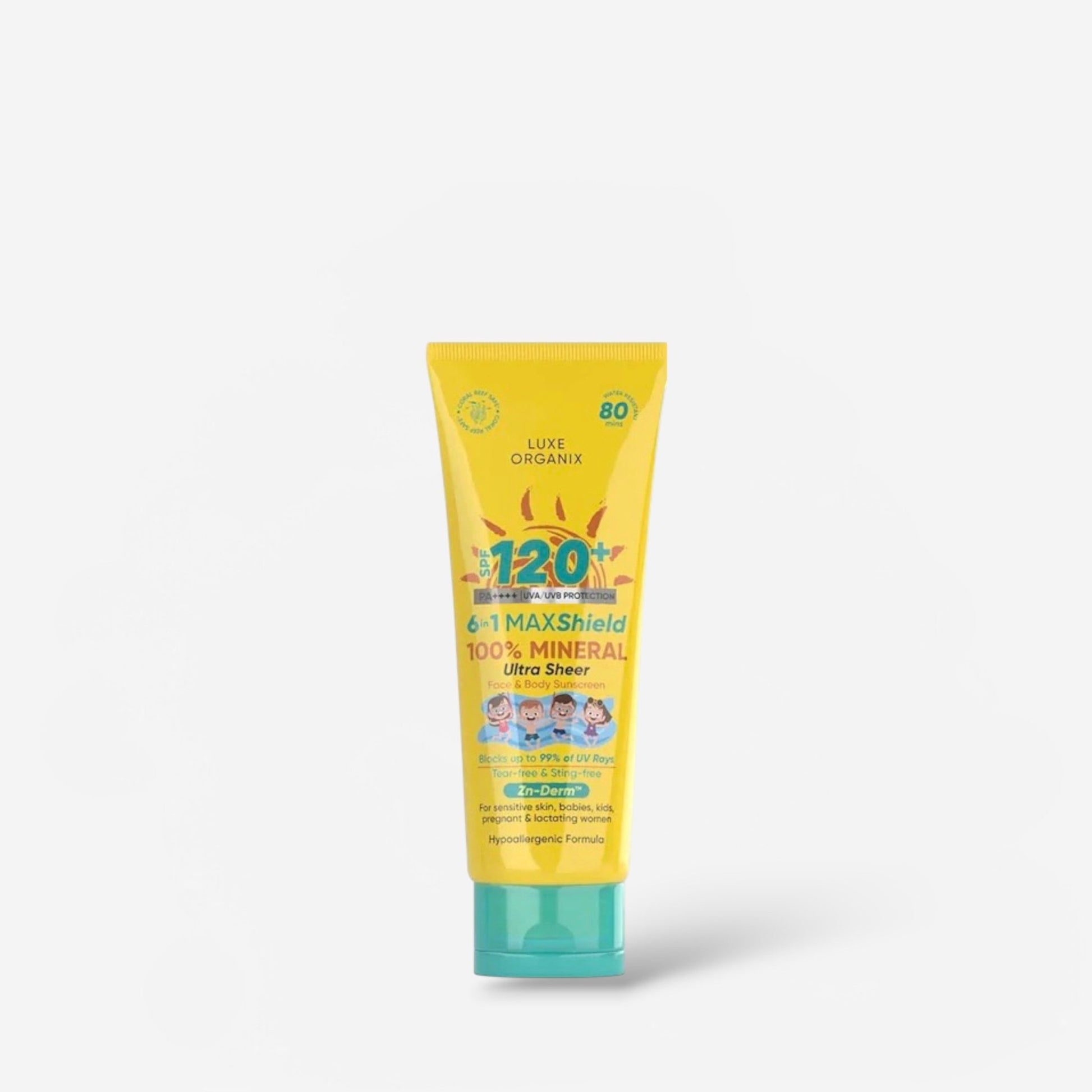 Luxe Organix 6in1 MAXShield 100% Mineral Ultra Sheer Face & Body Sunscreen SPF120 100ml واقي الشمس لوكس أورجانيكس 6 في 1 ماكس شيلد، معدني 100%، شفاف للغاية، للوجه والجسم، عامل حماية من الشمس 120 - Princess Cosmetics Qatar
