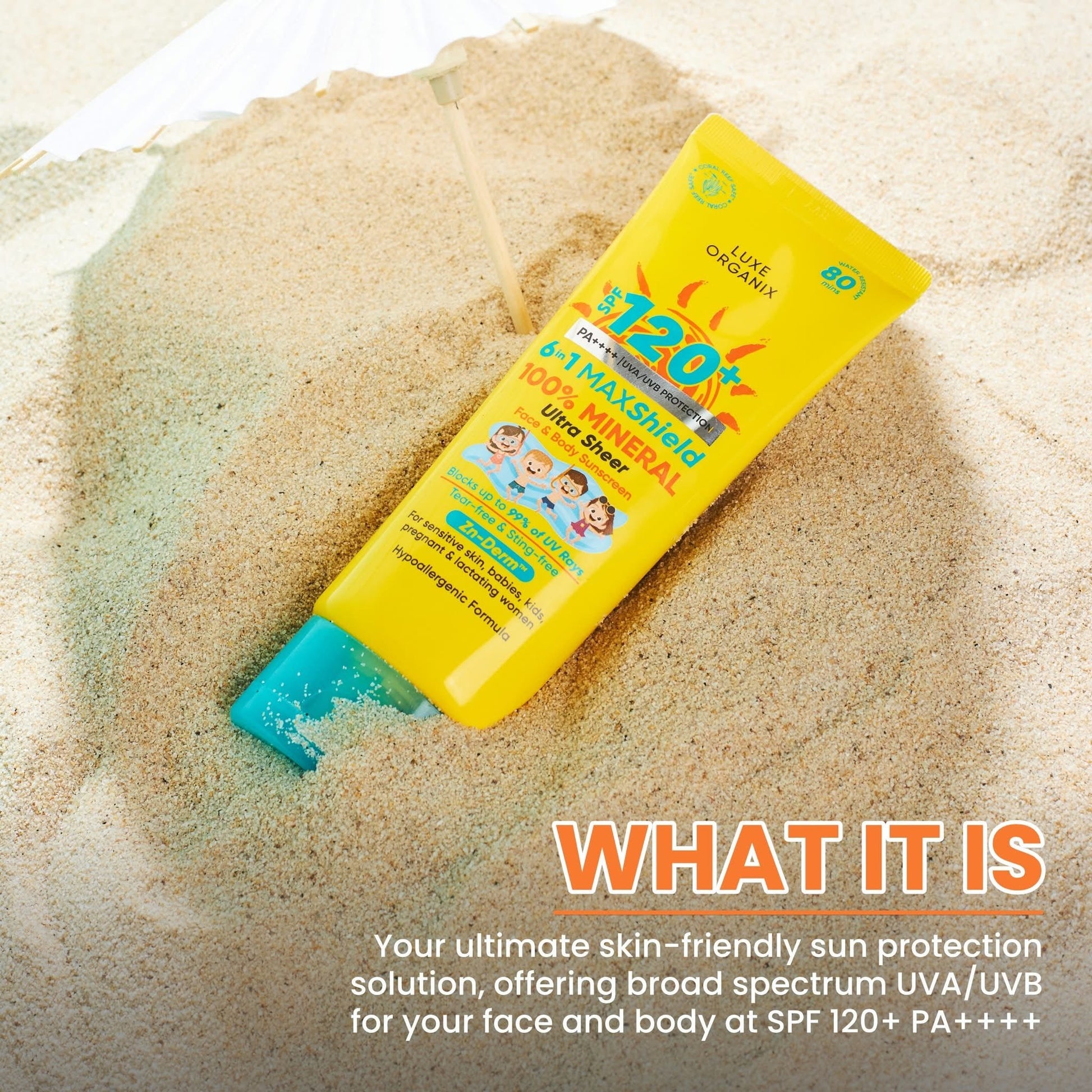 Luxe Organix 6in1 MAXShield 100% Mineral Ultra Sheer Face & Body Sunscreen SPF120 100ml واقي الشمس لوكس أورجانيكس 6 في 1 ماكس شيلد، معدني 100%، شفاف للغاية، للوجه والجسم، عامل حماية من الشمس 120 - Princess Cosmetics Qatar